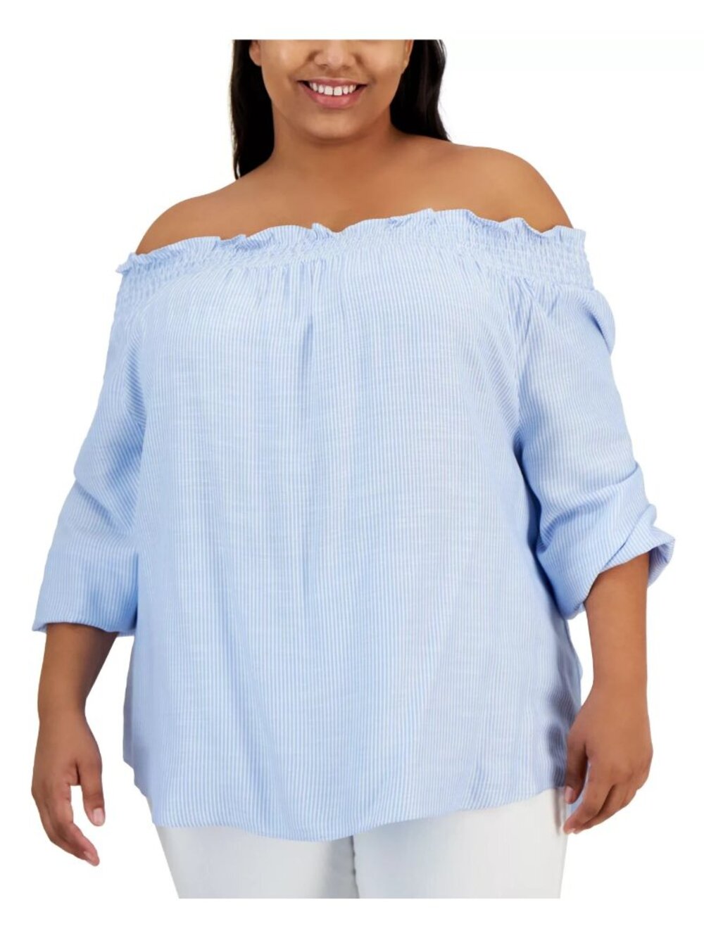 Tommy Hilfiger Plus Size 2X Printed Off-the-Shoulder ruffle Top Stripe Blue $90